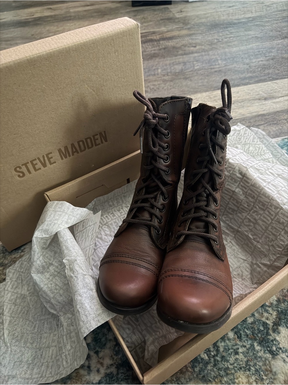 Steve Madden Dark Brown Lace-Up Leather Combat Boots